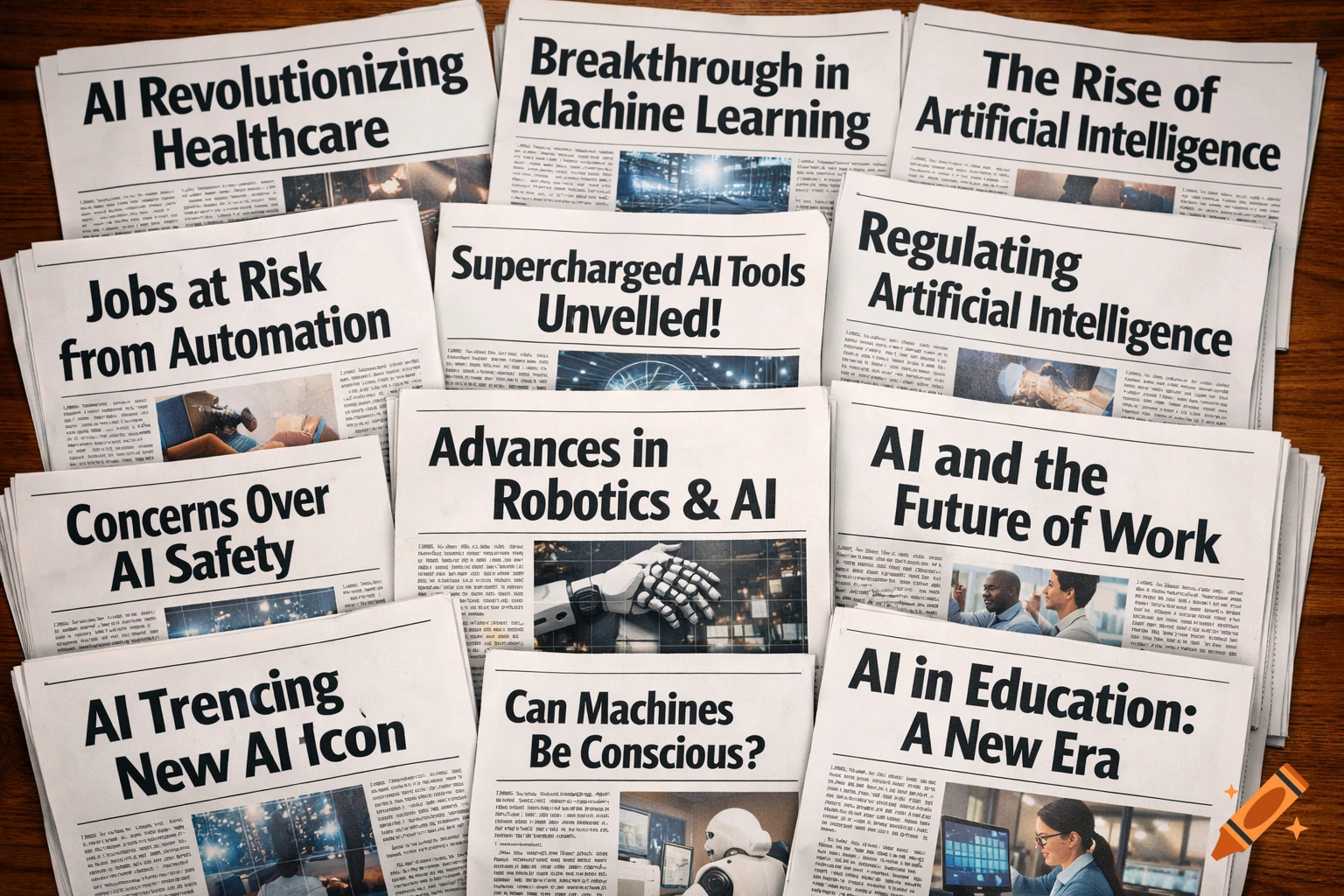 An overhead view of a wooden table covered with numerous newspaper pages featuring various headlines related to artificial intelligence and technology. Some headlines are about AI in healthcare, machine learning, robotics, and the future of work.