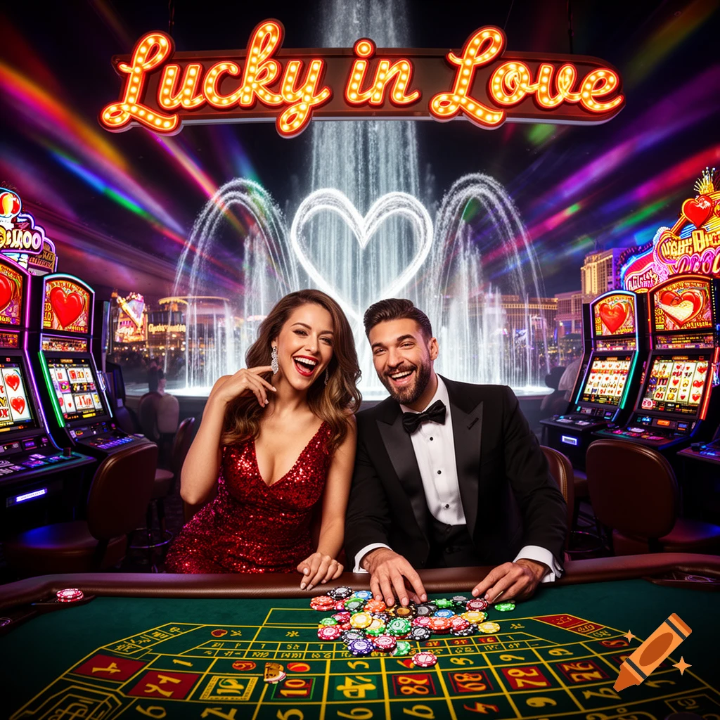 A happy couple at a casino roulette table, with a 'Lucky in Love' neon sign, heart fountains, and slot machines in a vibrant Vegas scene.