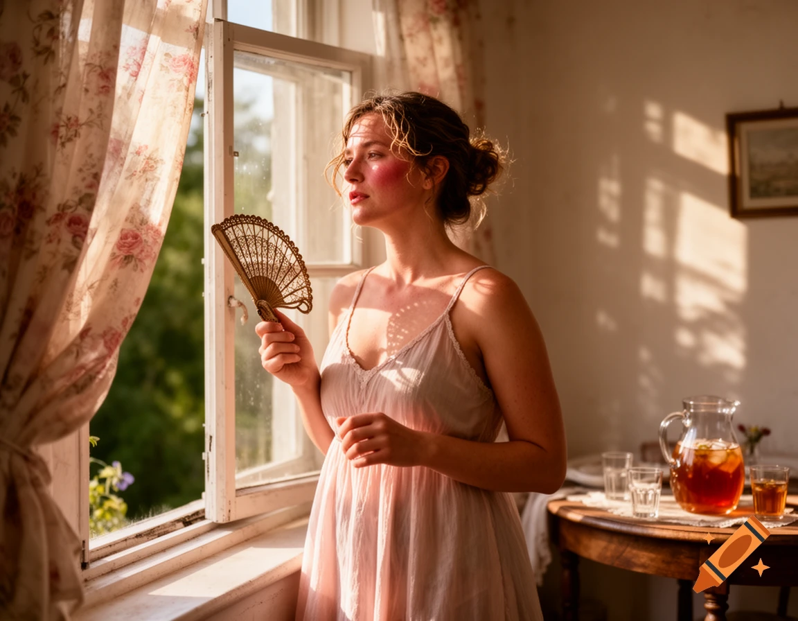 A woman with a flushed face, holding a fan, stands by a sunlit window in a slip dress. Iced tea is on a table.