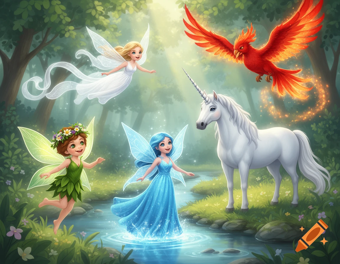 Three colorful fairies, a white unicorn, and a red phoenix in a vibrant, magical forest scene with a stream.