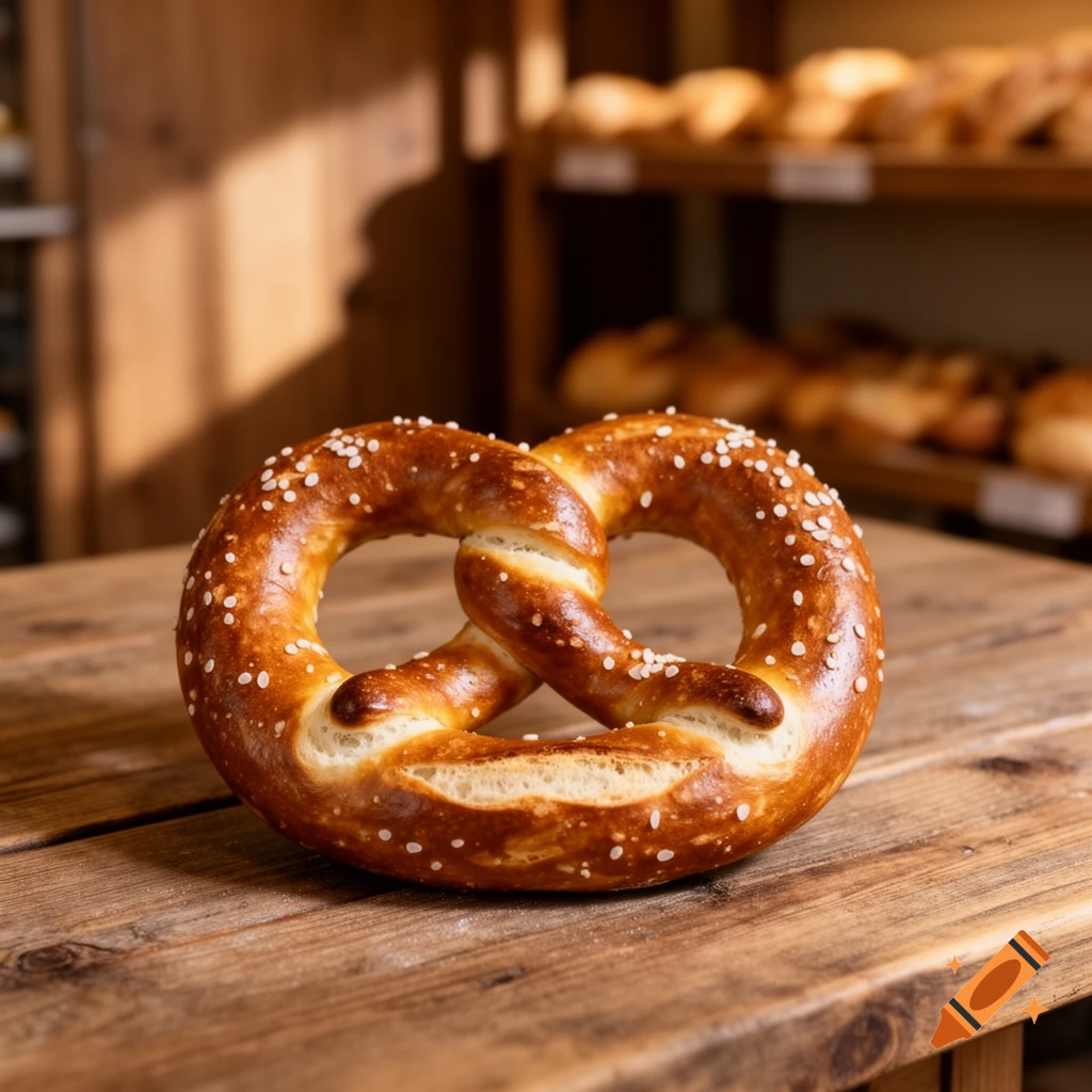 A close-up, photorealistic image of a golden-brown, salted pretzel on a rustic wooden table in a bakery.