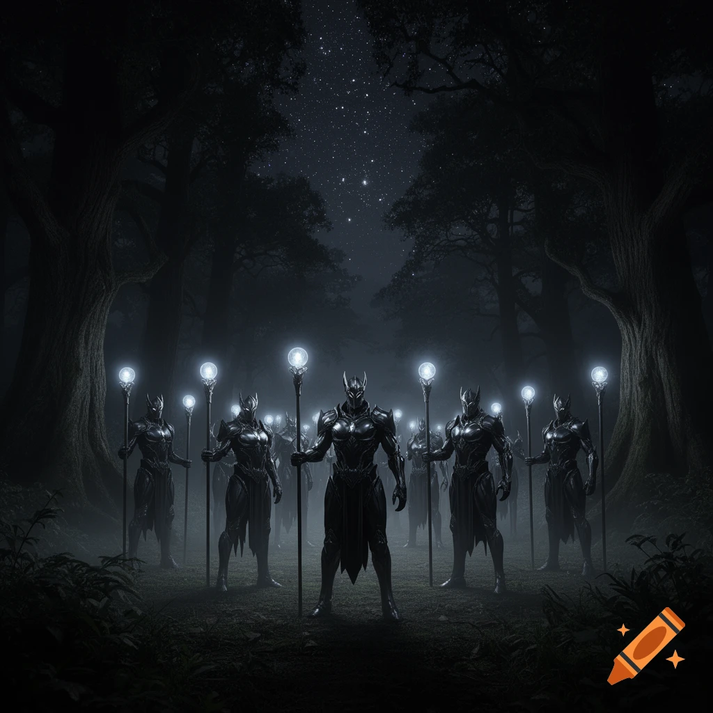 Armored figures holding glowing staffs stand in a dark, misty forest under a starry night.