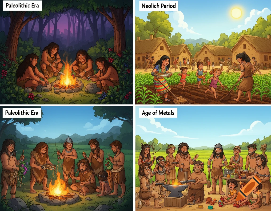 Four cartoon panels depicting prehistoric life: Paleolithic hunter-gatherers, Neolithic farmers in a village, and Age of Metals settlement.