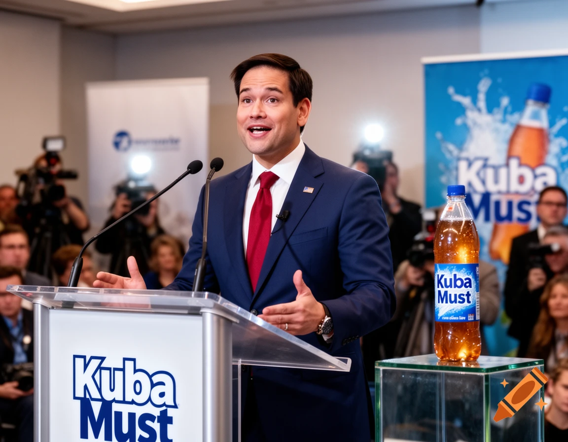Marco Rubio speaking at a podium with a bottle of Kuba Must soda beside him at a press conference.