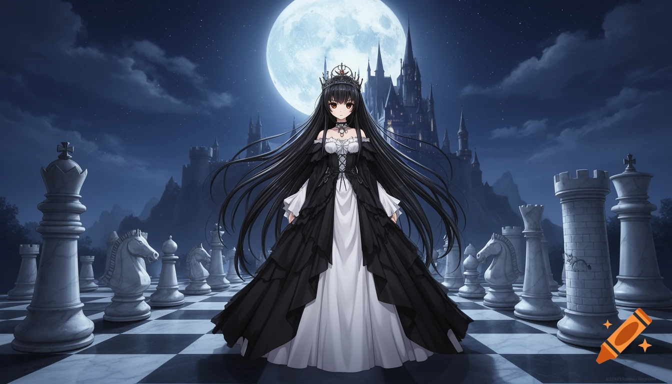 Anime girl with long black hair and gothic dress stands on a giant chessboard with pieces, under a full moon and fantasy castle.