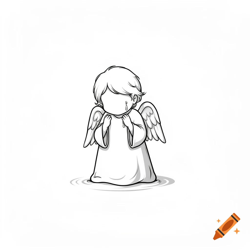 A simply drawn black and white cartoon angel with short hair cries, with tears on its face, standing in small ripples of water.