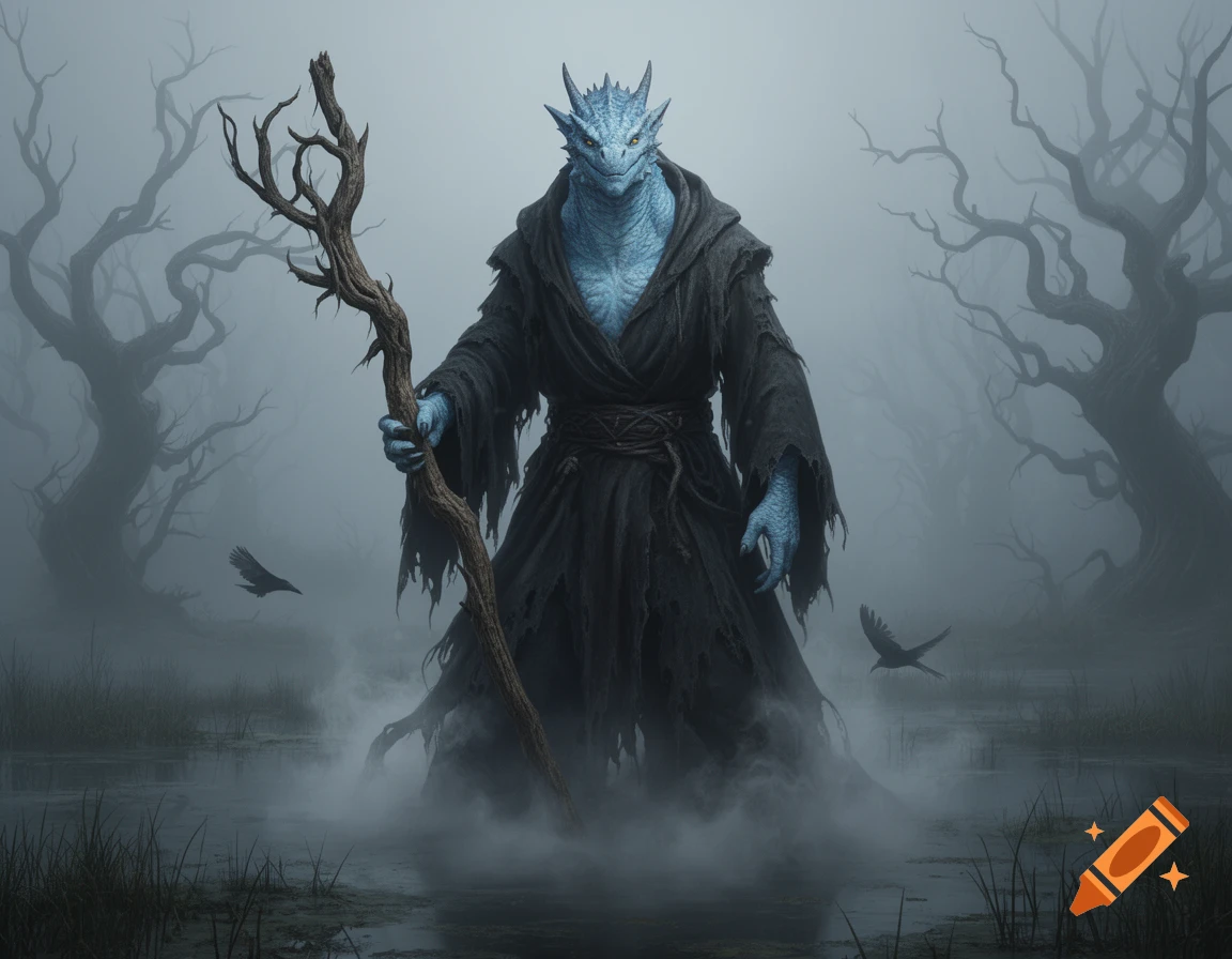 A pale blue dragonborn in dark ragged robes holding a twisted staff stands in a misty swamp with bare trees and two flying crows.