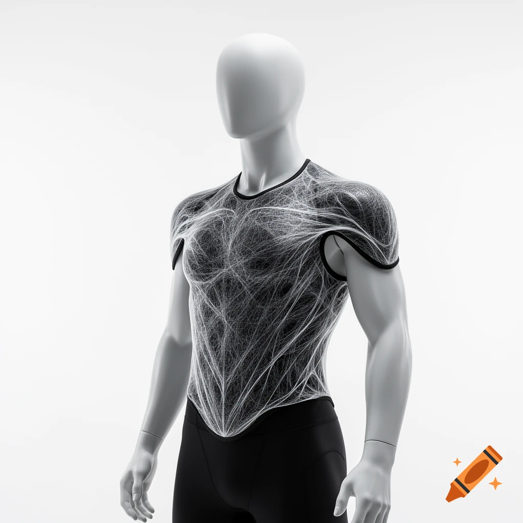 Photorealistic mannequin wears a futuristic body armor vest with interwoven spider silk-like fibers against a white background.