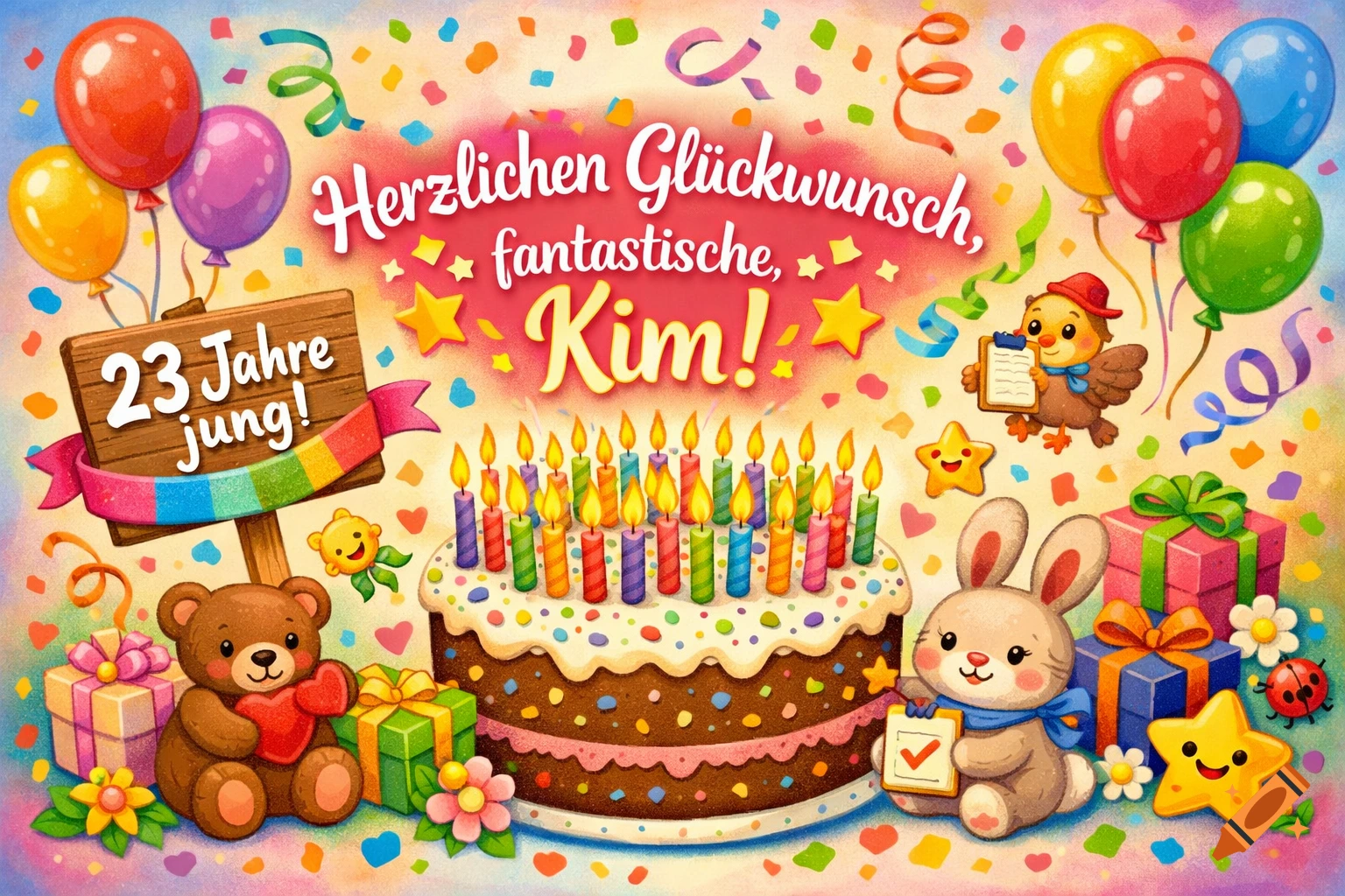 A cheerful, colorful birthday card illustration with a cake, 23 candles, balloons, gifts, cartoon animals, and confetti. Text says "Happy Birthday, fantastic Kim!" and "23 years young!"