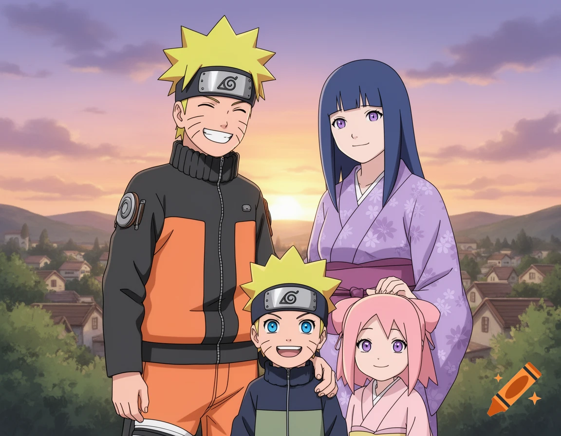 Anime style image of Naruto, Hinata, and their two children smiling against a sunset backdrop over a village.