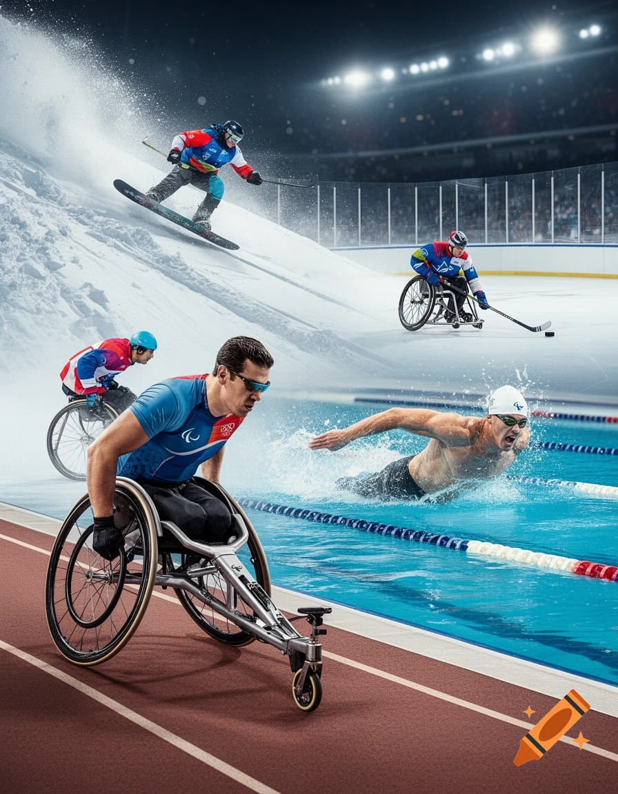 An illustration showing athletes competing in various Paralympic sports: snowboarding, ice hockey, wheelchair racing, and swimming, all in a stadium setting.