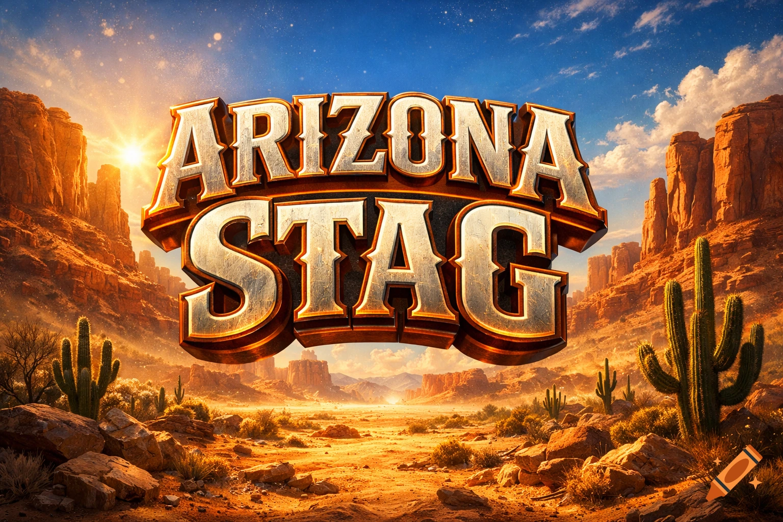 A desert landscape at sunset with large, metallic 3D text "ARIZONA STAG" floating above rocky canyons and cacti.