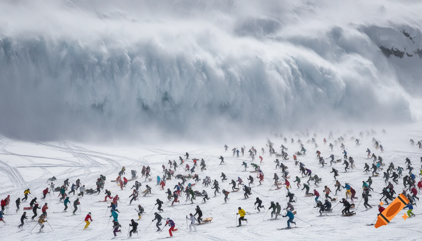 Hundreds of skiers on a snowy mountain slope with a massive wall of snow and ice from an avalanche behind them.