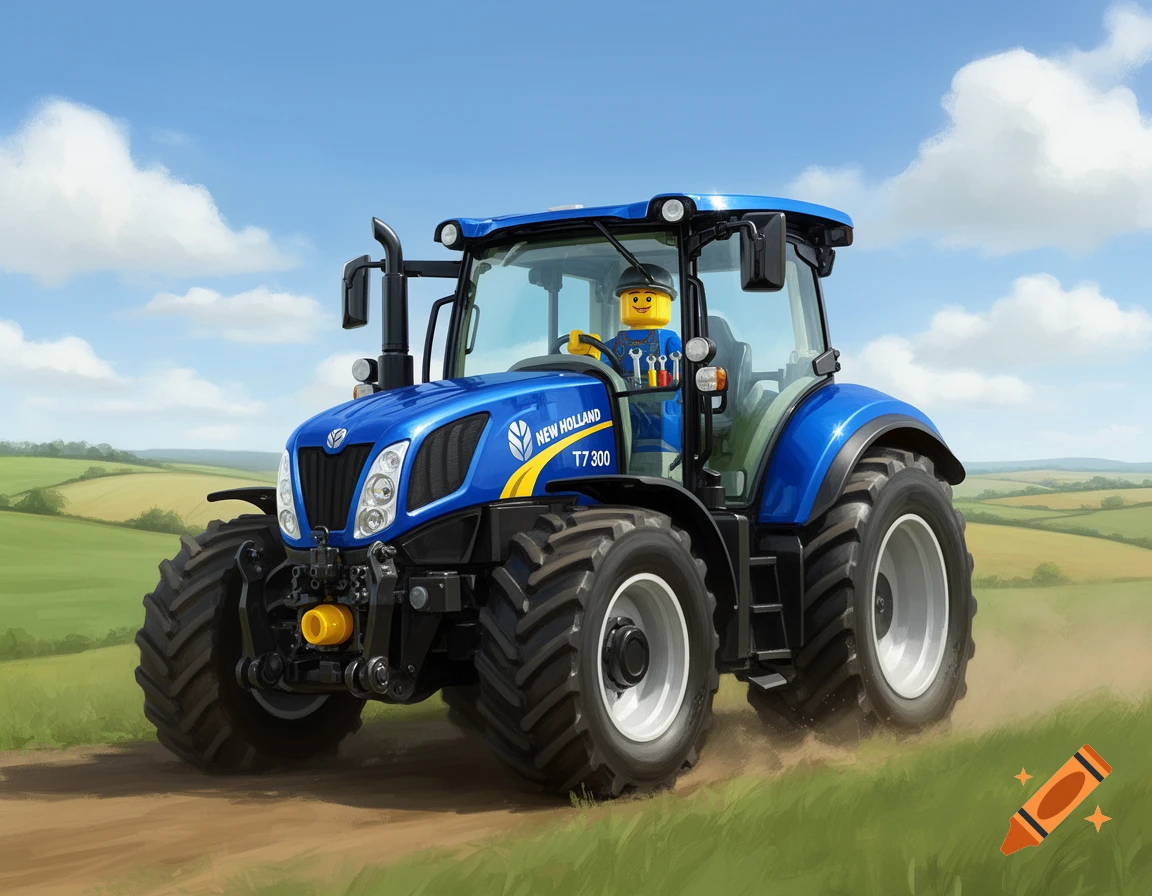A blue New Holland T7 300 tractor driven by a Lego minifigure on a dirt path through green fields under a blue sky.
