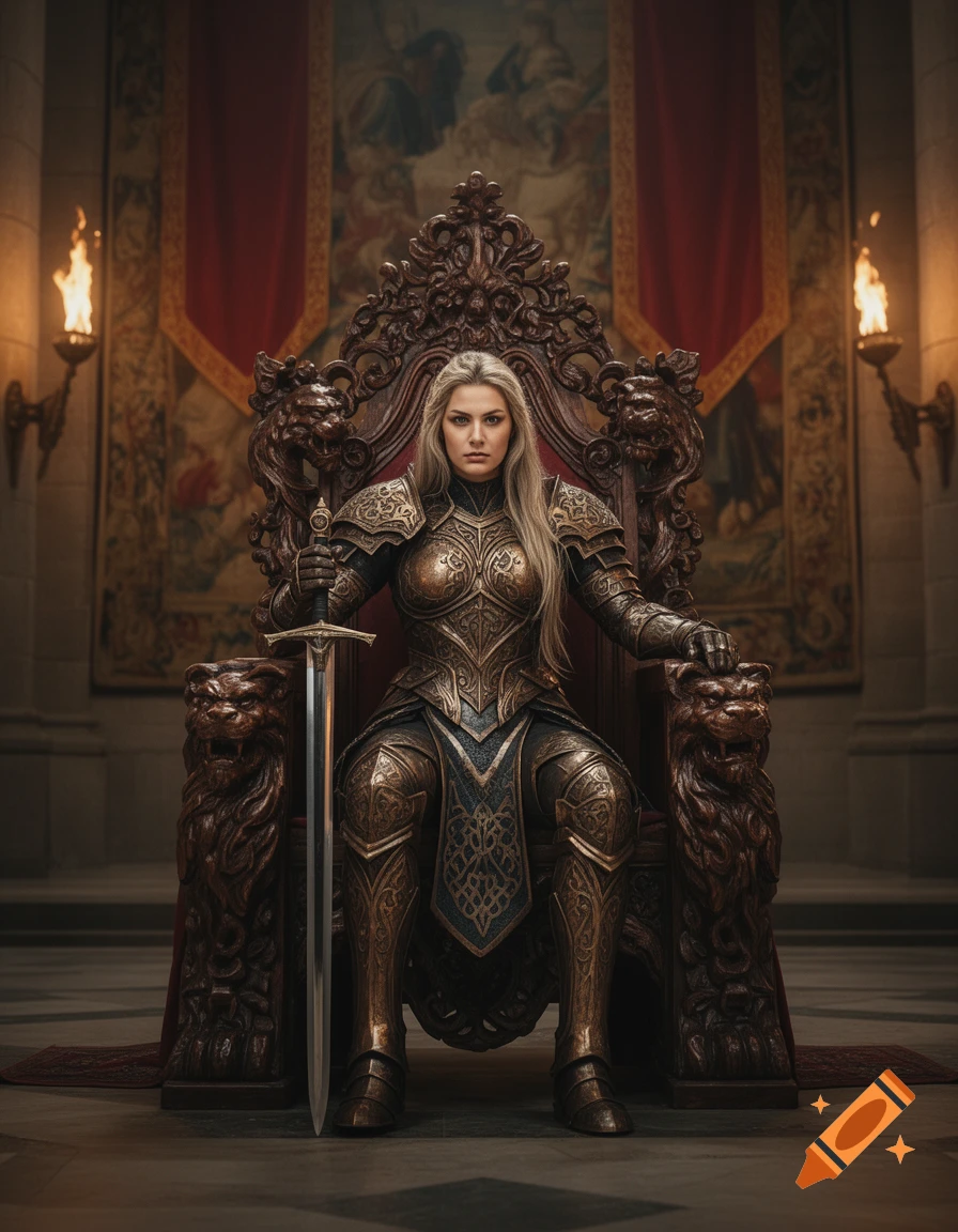 A powerful female warrior in ornate gold armor sits majestically on a lavish carved throne, holding a sword, in a grand hall.