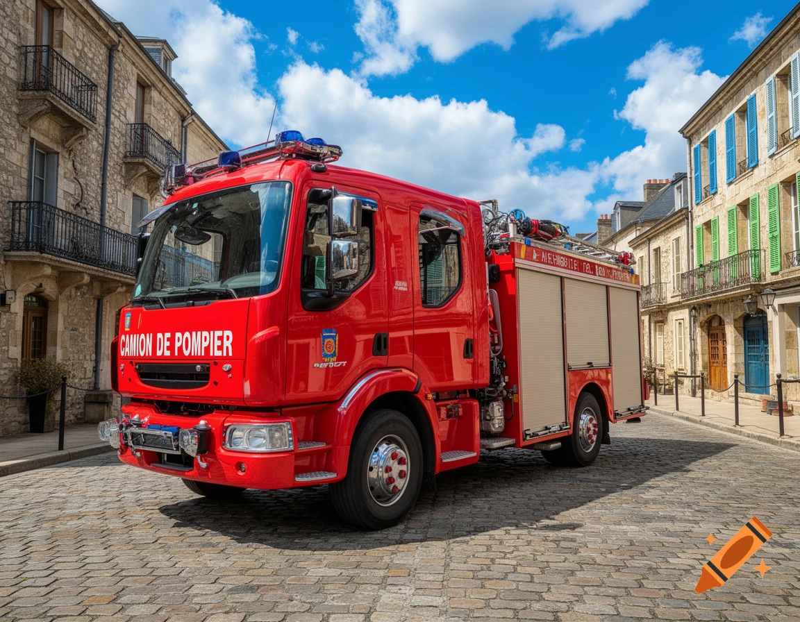 A red fire truck is parked on a cobblestone street in a European town with historic buildings under a blue sky.
