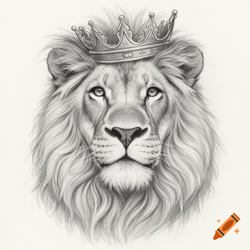 Realistic pencil drawing of a majestic lion's head, facing forward, wearing a crown.