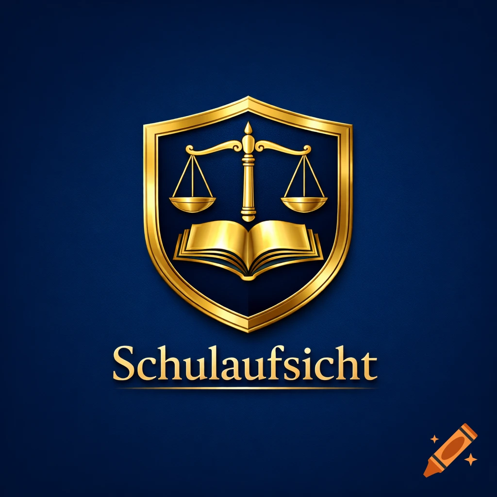 A golden logo featuring scales of justice and an open book within a shield on a dark blue background, with the word "Schulaufsicht" below.