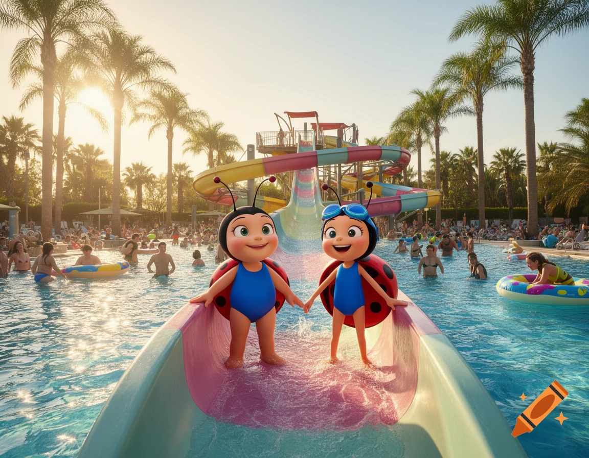 Two cheerful cartoon ladybugs in swimsuits on a water slide in a sunny, crowded water park with palm trees.