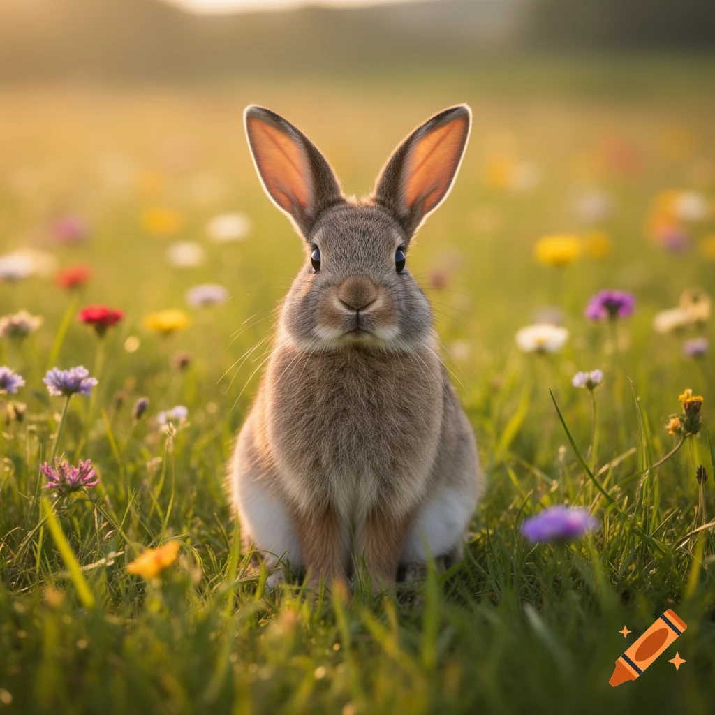 A fluffy brown rabbit sits in a sunlit field of colorful wildflowers ...