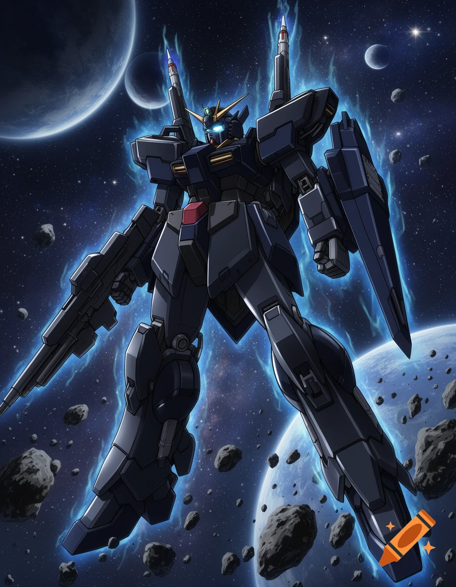 A dark Gundam-style anime mech with a blue aura floats in deep space, surrounded by planets and asteroids.