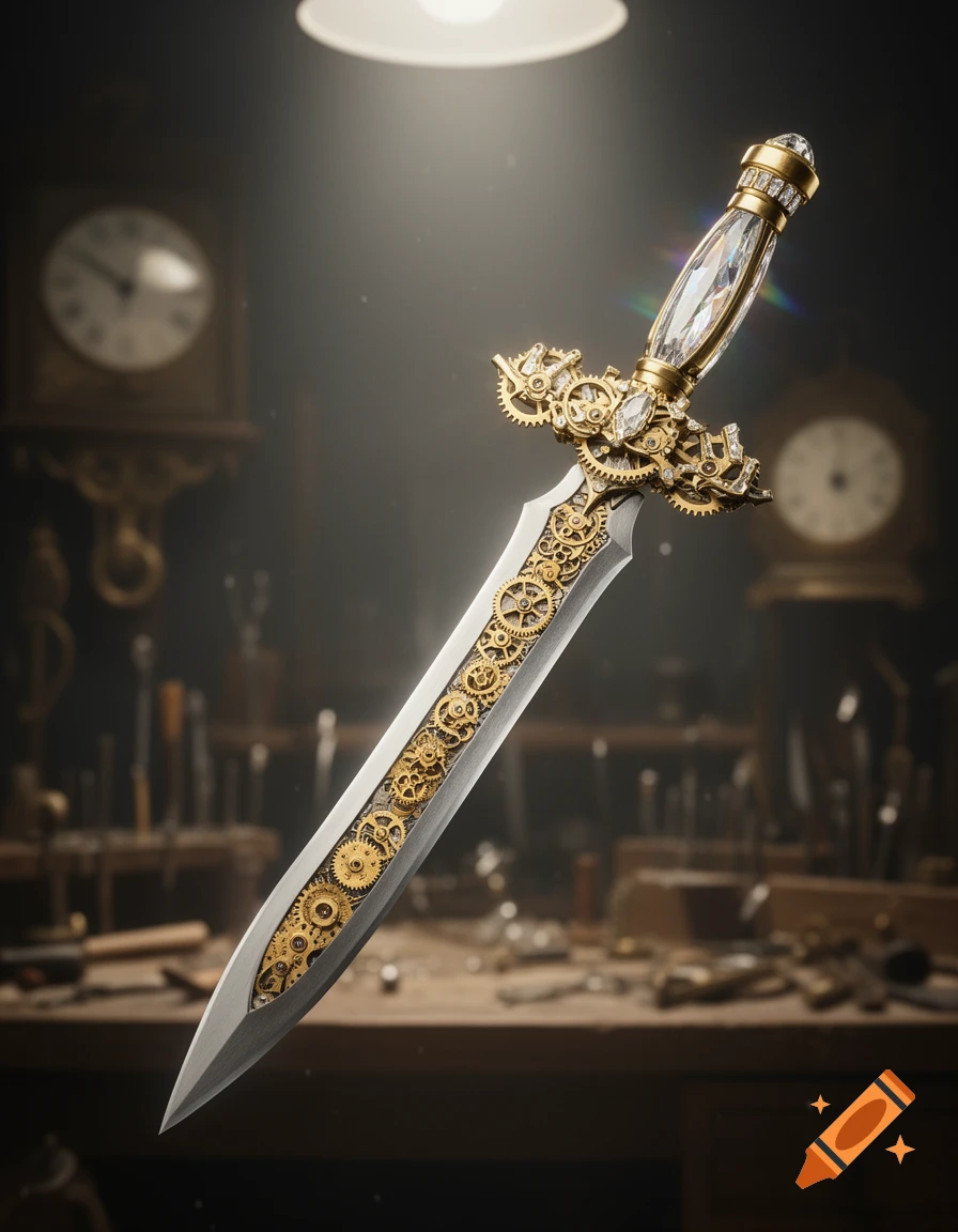 A detailed steampunk clockwork sword with a crystal hilt, hovering in a dimly lit workshop with blurred tools and clocks in the background.