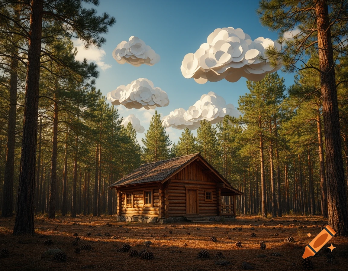 A rustic wooden cabin sits amidst a dense pine forest under a clear blue sky with stylized, layered paper cut-out clouds.