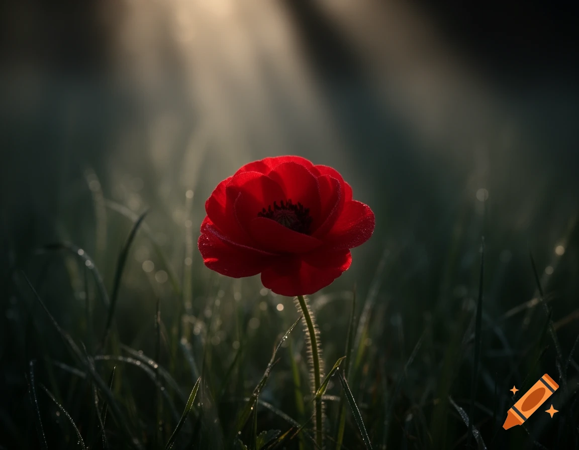 A single red poppy stands in a shaded field, illuminated by soft sunbeams filtering through the dark background.