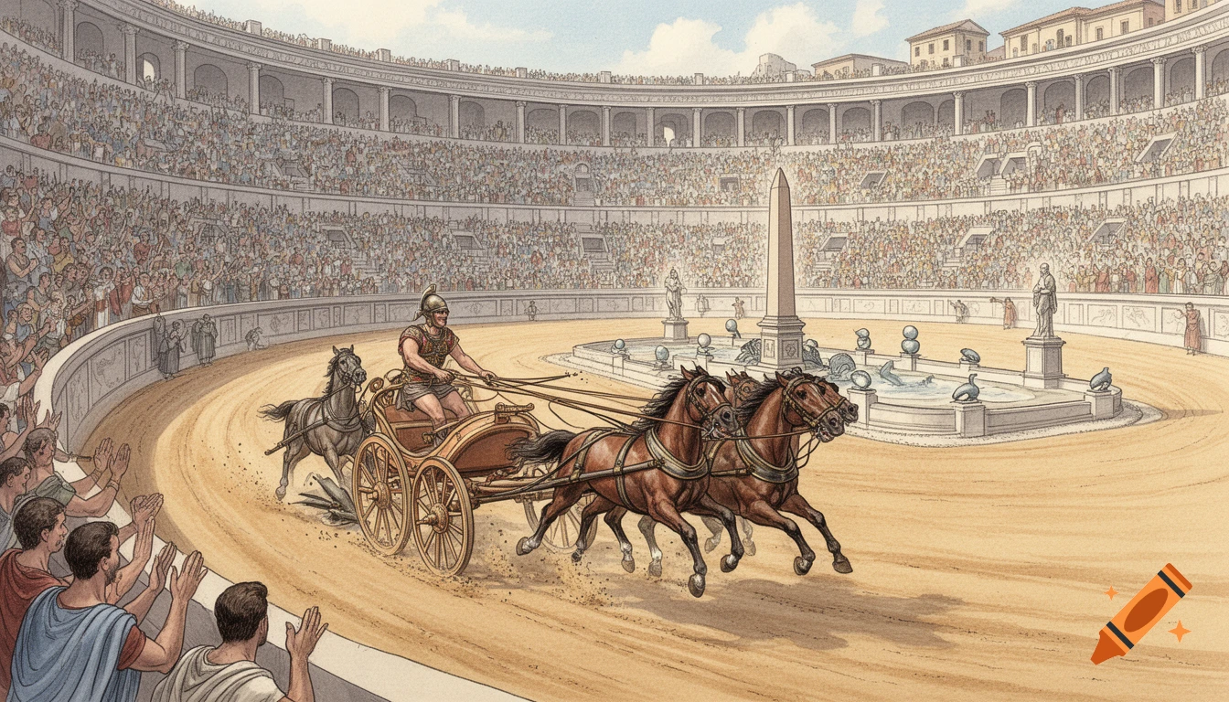 A historical illustration of a Roman chariot race in the Circus Maximus. A charioteer drives a four-horse chariot with a broken wheel as a large crowd watches from the stands.