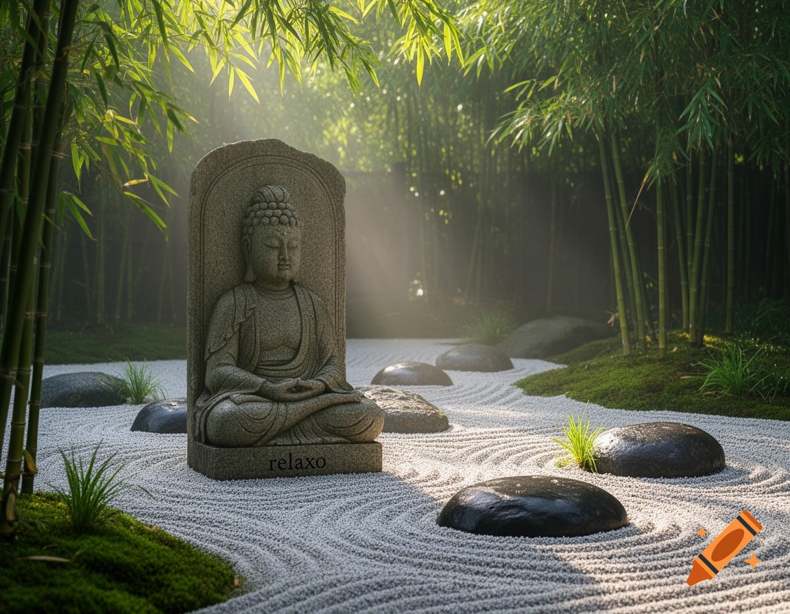 Photorealistic image of a Buddha statue with 'relaxo' carved at its base, in a serene zen garden with bamboo and raked white gravel.