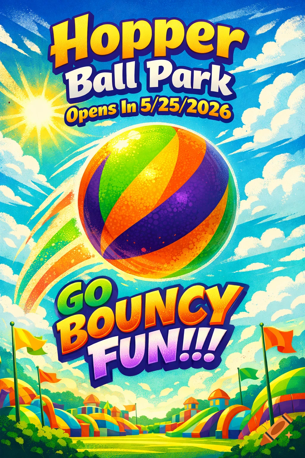 Vibrant, colorful illustration of a poster for Hopper Ball Park, featuring a large bouncy ball, inflatable slides, and text.