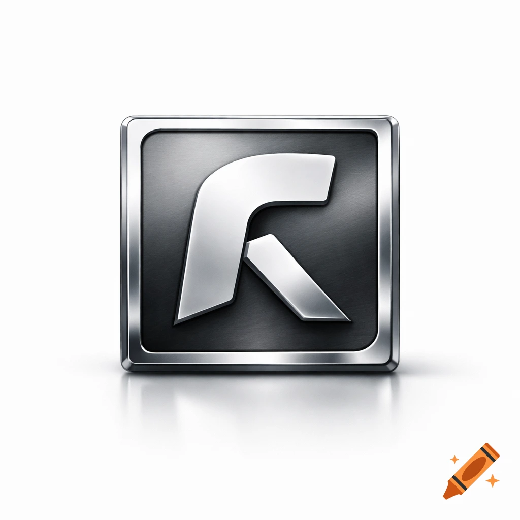 A 3D silver metallic stylized letter R logo on a dark brushed metal square, with a reflection below.