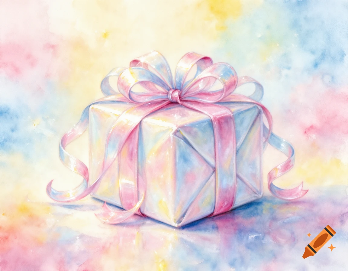 A pastel watercolor painting of a wrapped present tied with a pink and blue ribbon, set against a soft, colorful background.