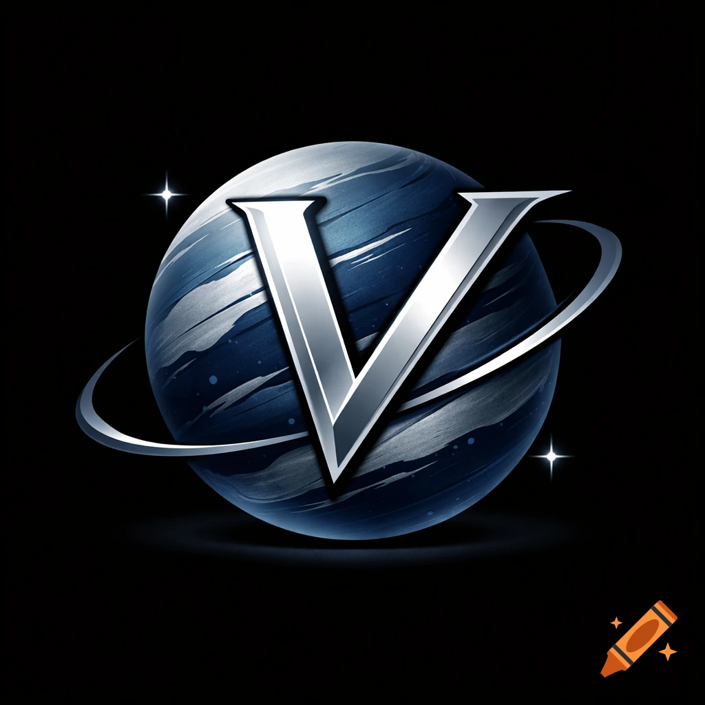 A stylized metallic silver letter 'V' over a blue and silver striped planet with a thin ring, against a black starry background.