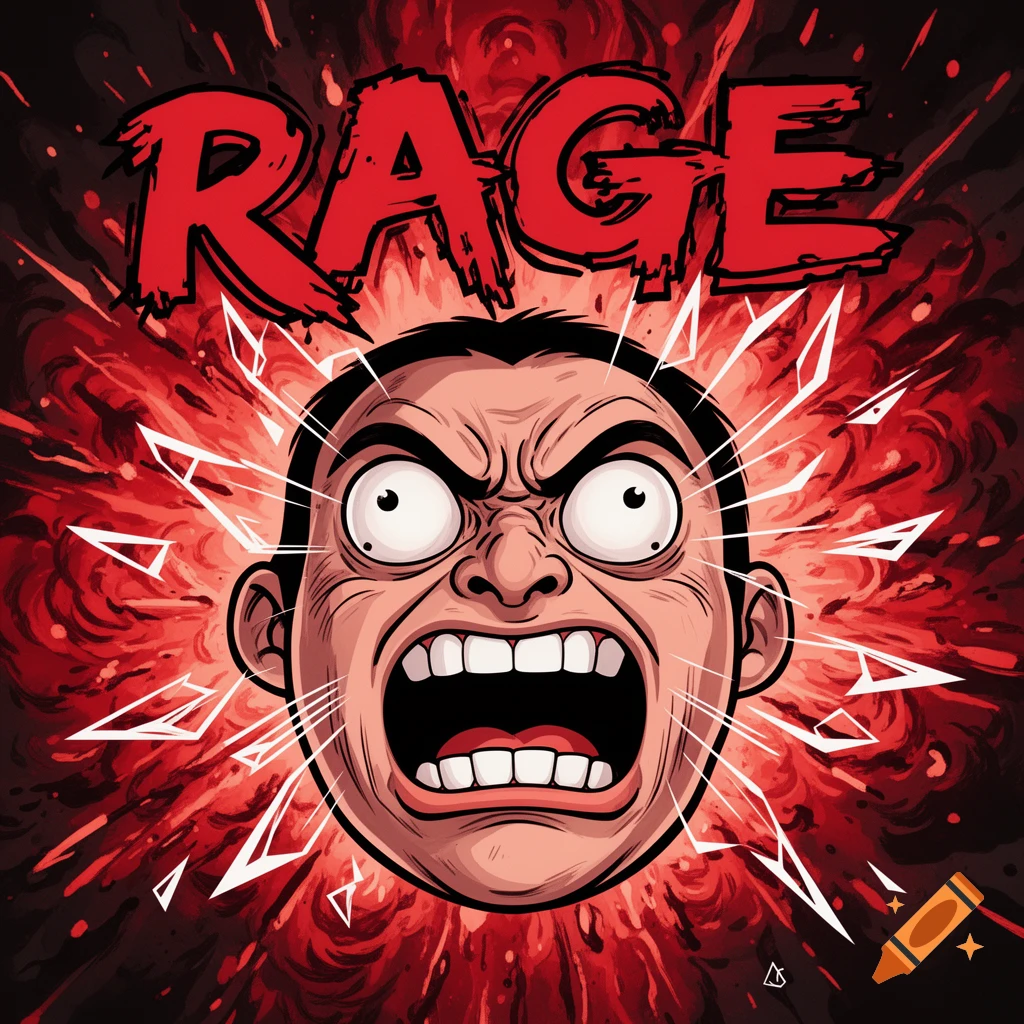 Cartoon illustration of an angry man's face screaming, with the word 'RAGE' above, set against a fiery red background.