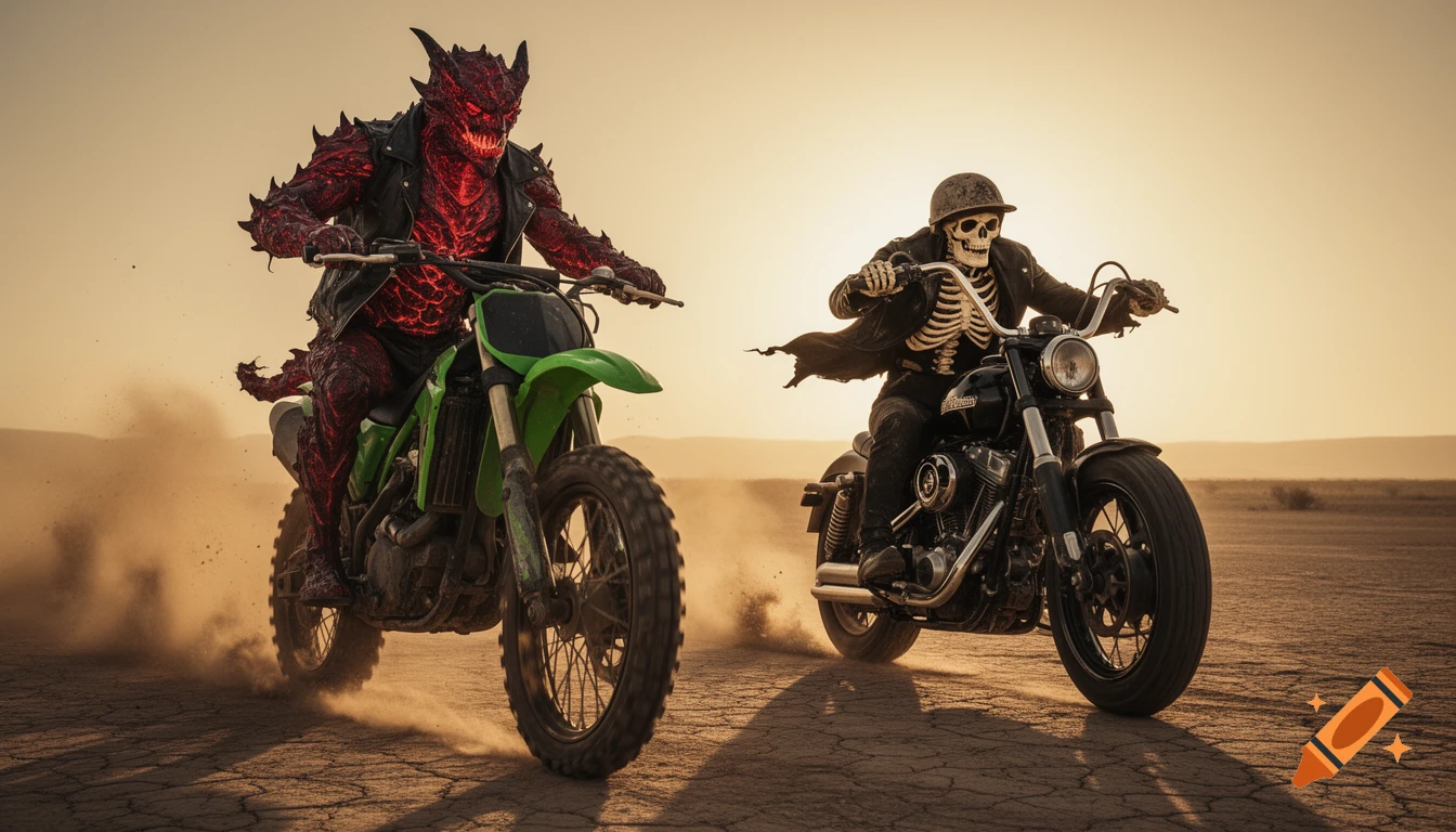 A demon on a green dirt bike chases a skeleton on a black Harley Davidson motorcycle across a dusty, cracked desert at sunset.