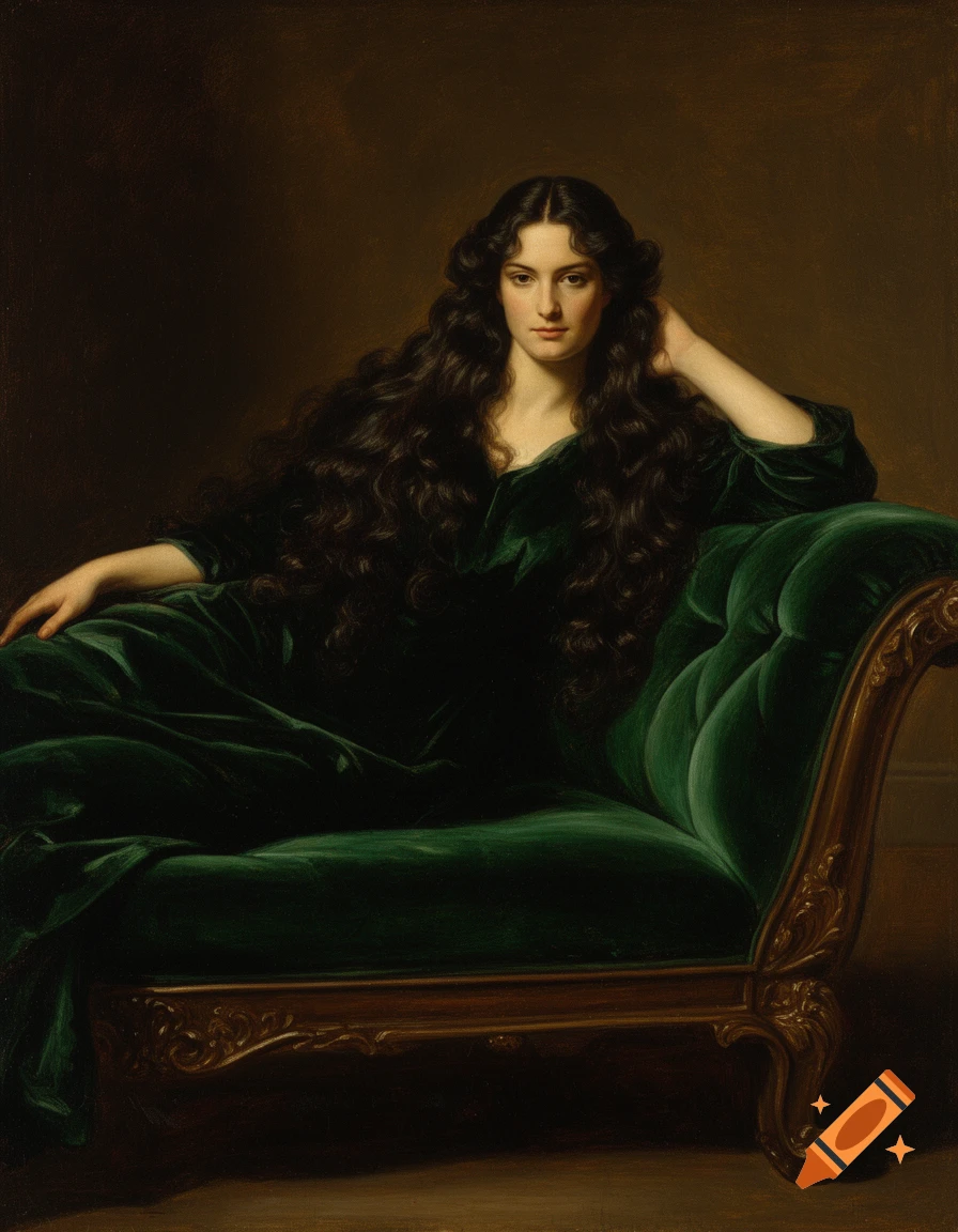 An oil painting of a woman with long dark wavy hair reclining on an emerald green velvet chaise lounge.