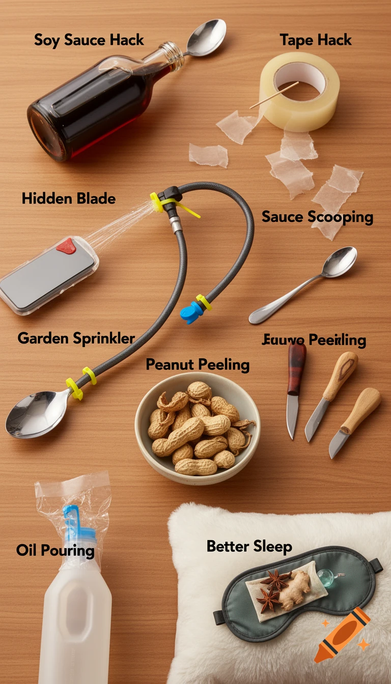 An overhead view of various everyday objects arranged on a wooden surface, each labeled with a 'life hack' description. Items include a soy sauce bottle with a spoon, tape with a toothpick, a phone acting as a hidden blade, a garden sprinkler made from a hose and spoon, a bowl of peanuts, small knives for peeling, an oil pouring contraption, and a sleep mask with ginger and star anise for better sleep. Some text is garbled.