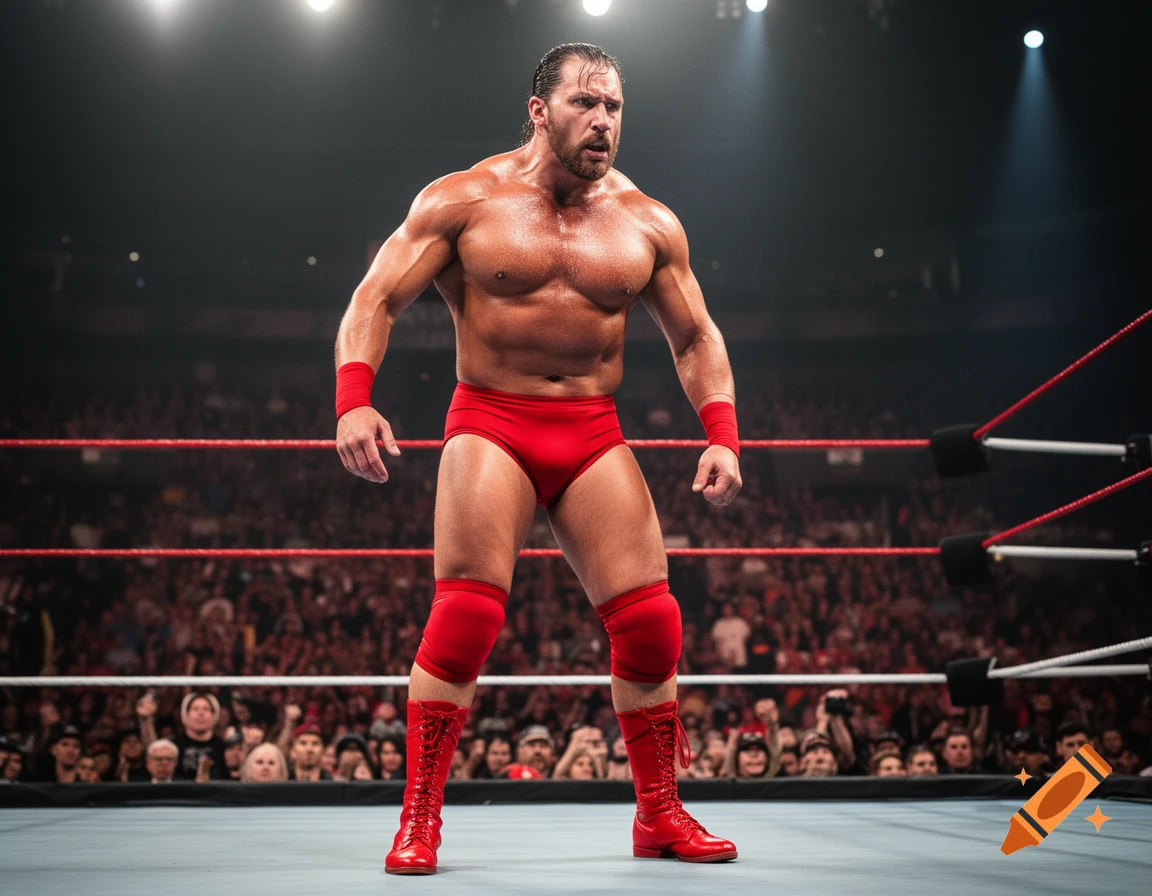 A muscular male pro wrestler in red trunks and boots stands defiantly in a brightly lit wrestling ring.
