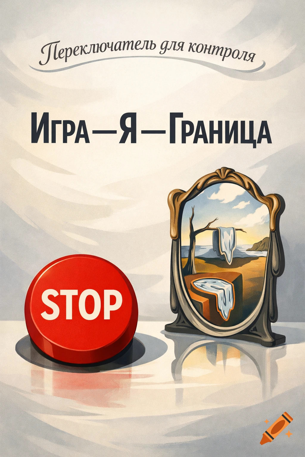 A motivational poster with a red STOP button and a surreal mirror showing a melting clock landscape in the style of Salvador Dalí.