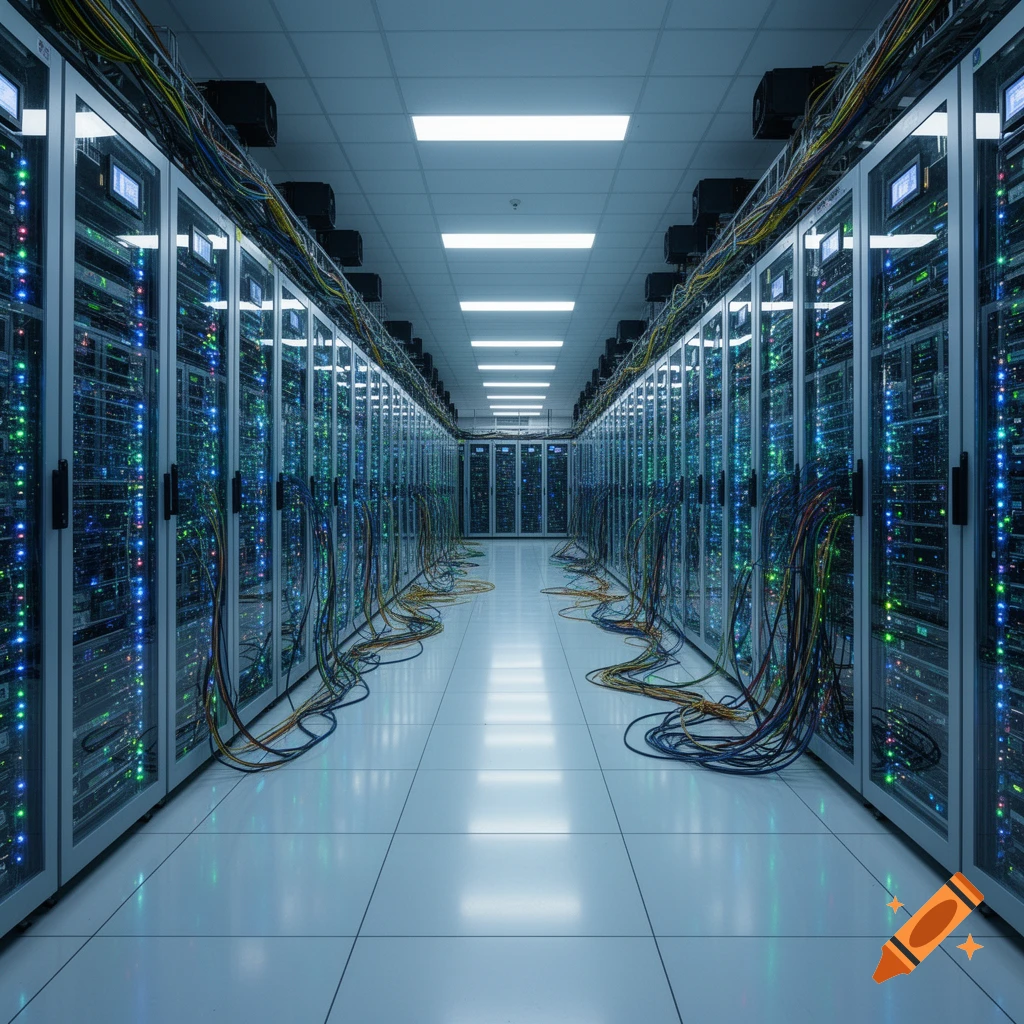 A long, brightly lit hallway in a modern data center, flanked by rows of glowing server racks with colorful cables.