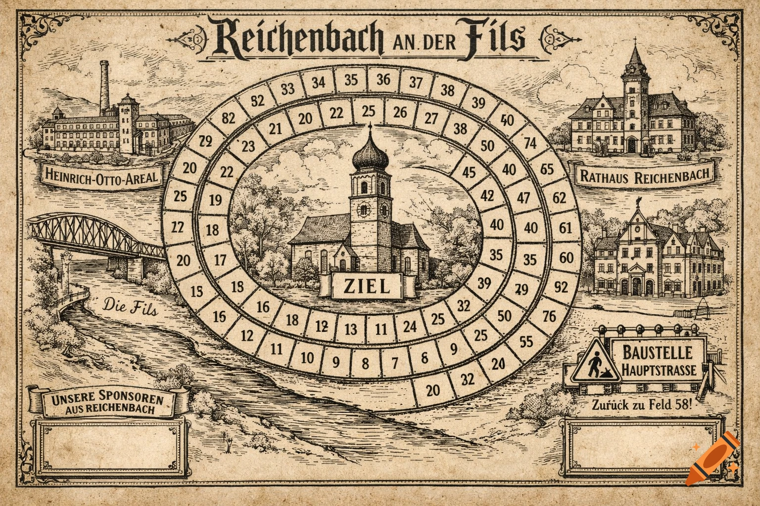 A vintage-style board game map on aged parchment, featuring a spiral path with numbers and ink-drawn landmarks like a church, factory, town hall, and river.