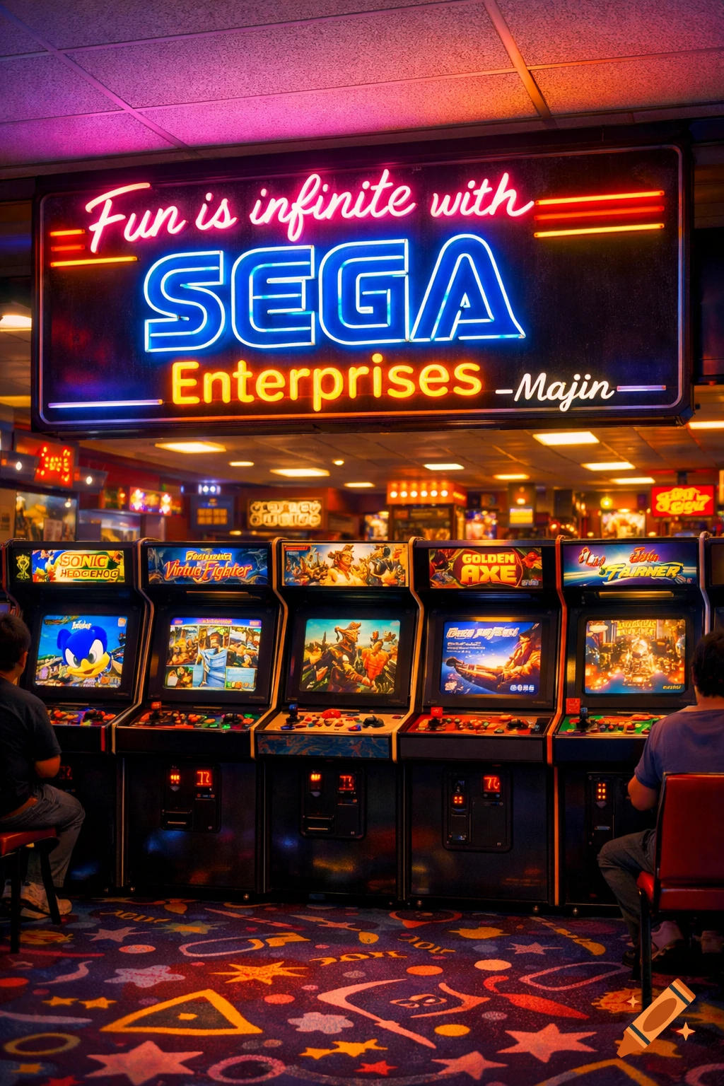People playing retro arcade games under a vibrant neon sign for 'SEGA Enterprises'.