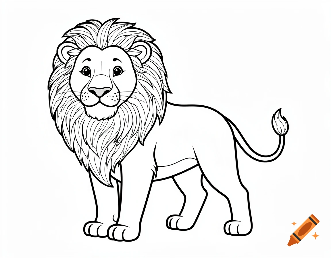 Black and white line drawing of a friendly cartoon lion standing, perfect for coloring.