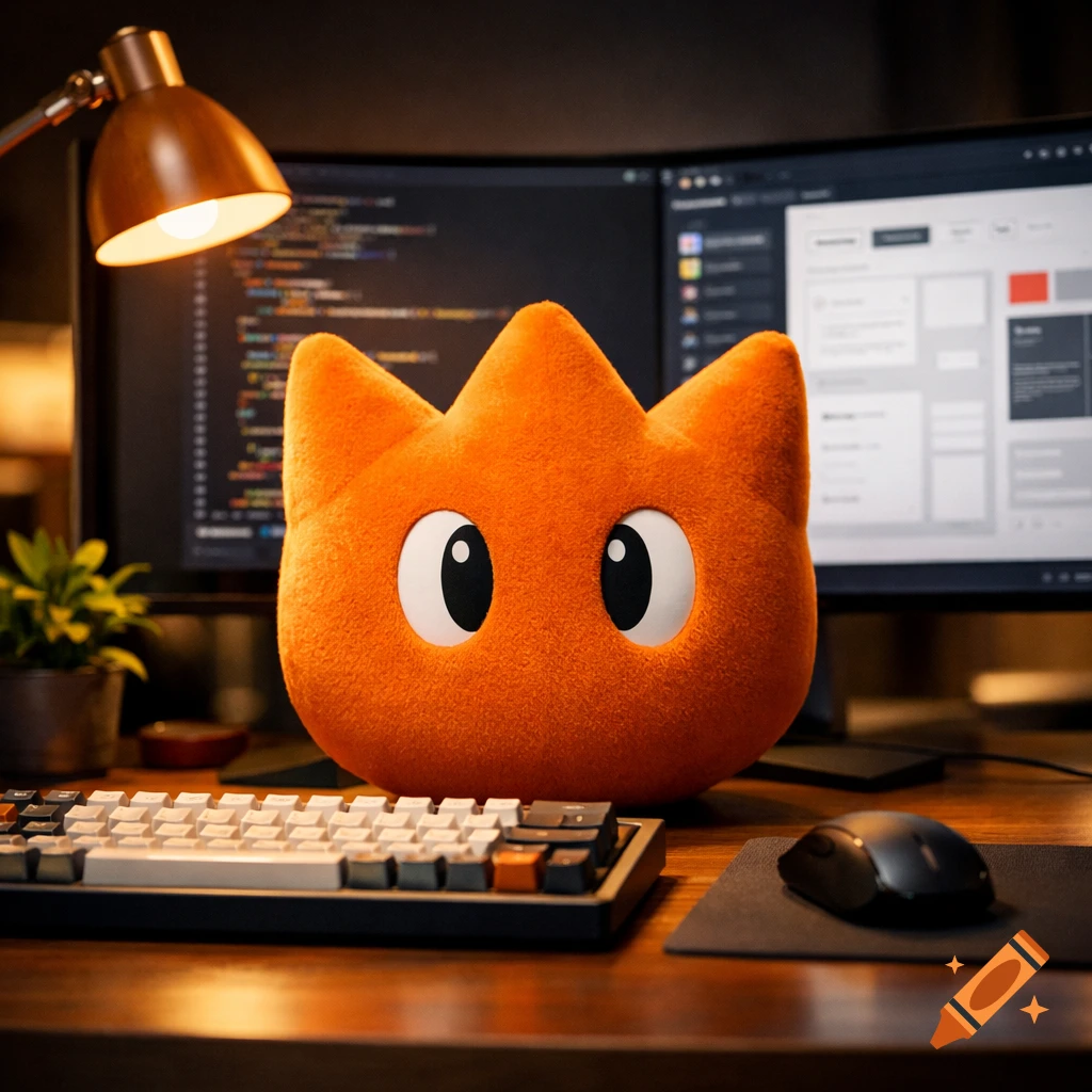 An orange crown-shaped plush toy with large white eyes sits in front of a modern computer workstation with two monitors displaying code and UI layouts, illuminated by a warm desk lamp.