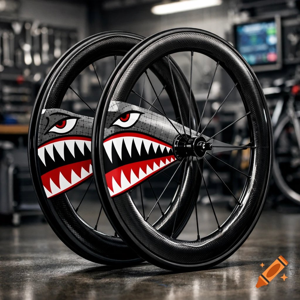 Two black carbon fiber racing bicycle wheels with red and white shark mouth decals, leaning against each other in a workshop.