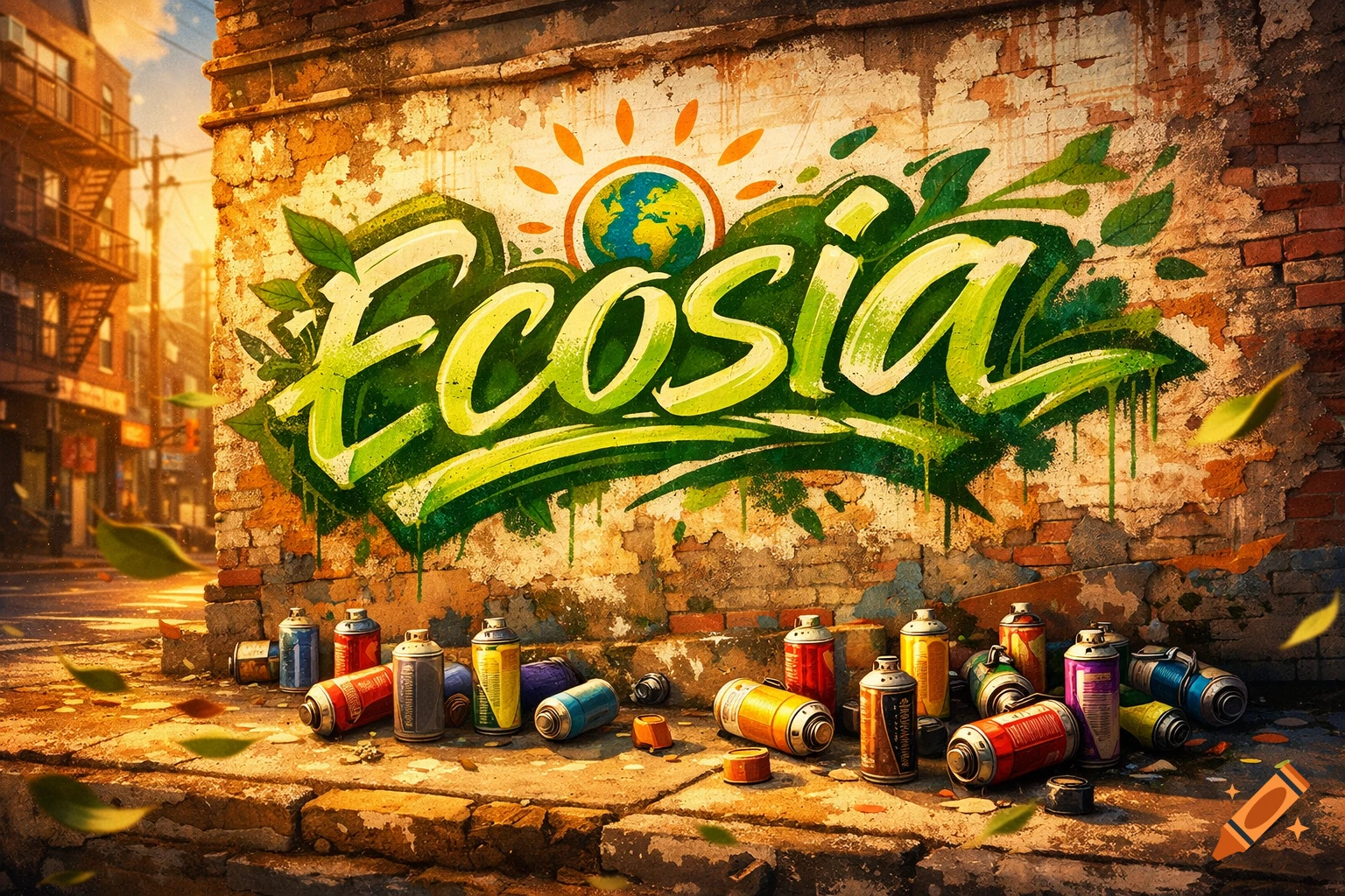 Green graffiti of "Ecosia" with a globe and sun on a weathered brick wall in an urban setting, with scattered spray cans on the ground.