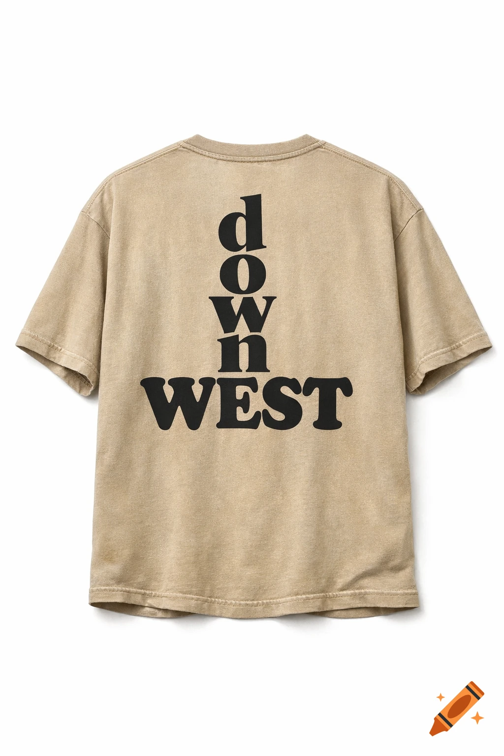Back of a washed sand-colored oversized t-shirt with a large black 'DOWN WEST' logo print. 'DOWN' is stacked vertically, 'WEST' is horizontal below it.
