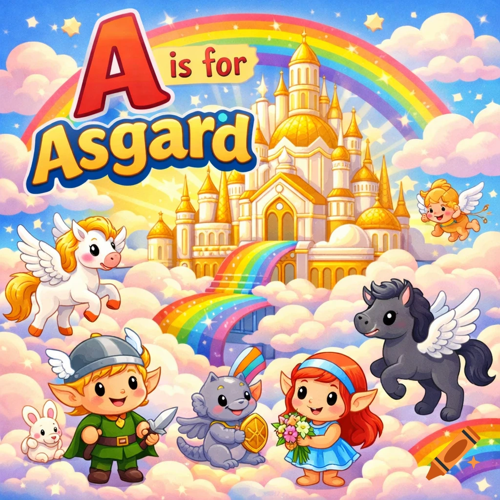 Colorful cartoon 'A is for Asgard' with a golden castle, rainbows, pegasi, and cute fantasy characters in clouds.