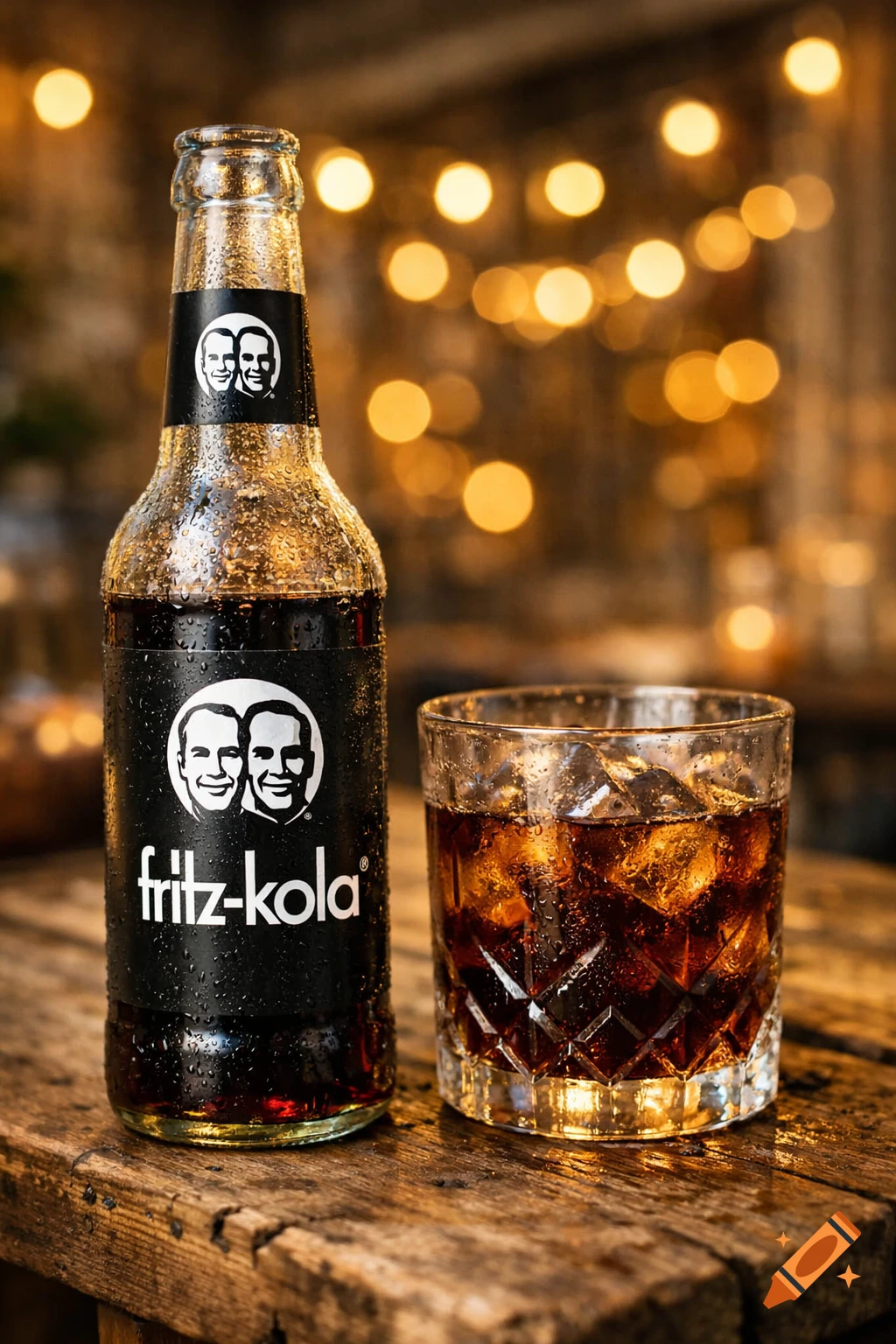 A sweating bottle of Fritz-Kola and a glass with cola and ice on a rustic wooden table, with warm bokeh lights in the background. Photorealistic style.